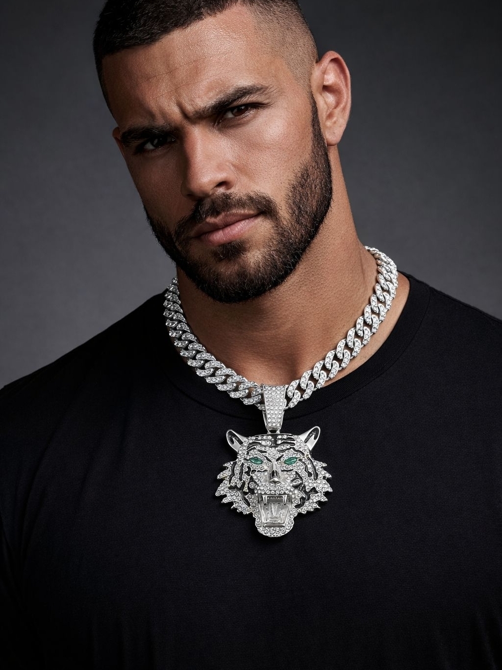 Silver Rhinestone Tiger Head Necklace with Green Eyes